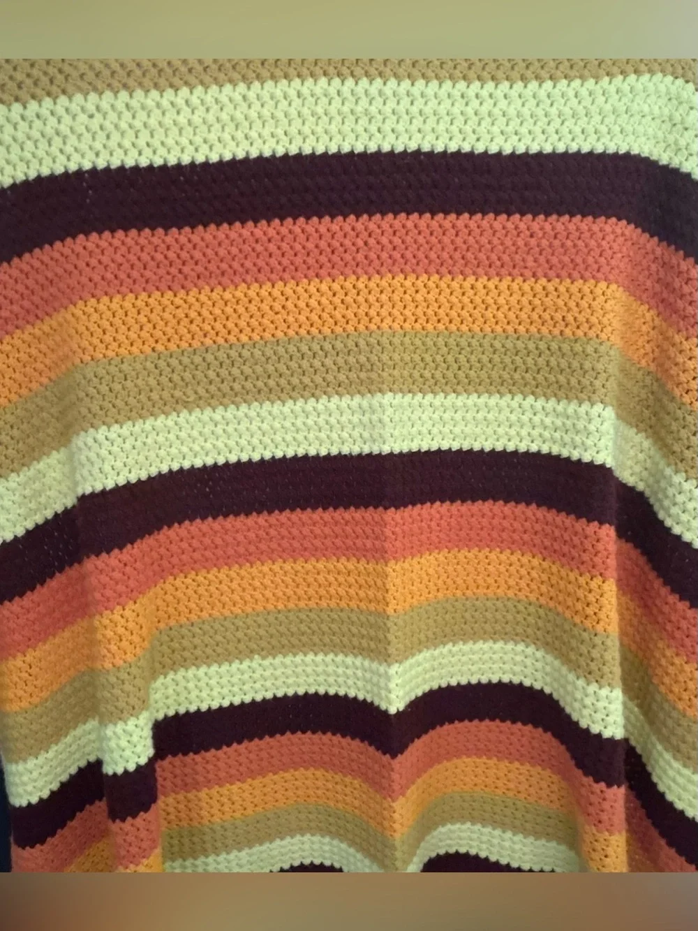 Vintage Circa 1970's Handmade Crochet Throw in Warm Sunset Stripes‎